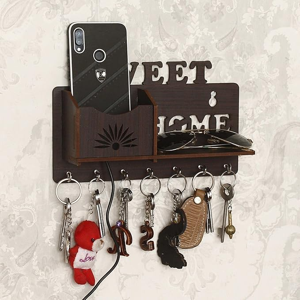 SK Wood Craft Wood Key Holder (7 Hooks, Brown)