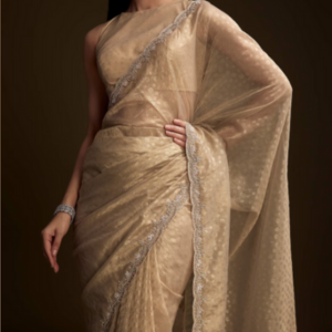 Beige Jacquard Saree With Sequin And Stone Embroidery