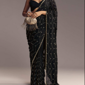 Black Embroidered Chinon Saree With Cut Dana Work