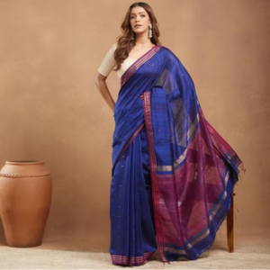 Blue Silk Blend Jamdani Sari