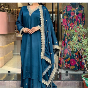 Blue Silk Blend Embroidered Kurta With Pant &amp; Dupatta