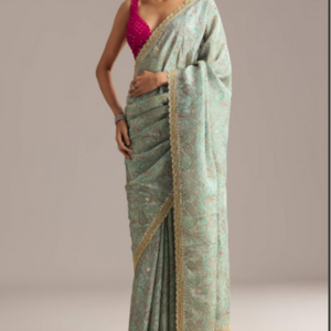 Dusky Blue Jacquard Saree With Mirror And Cutdana Embroidery