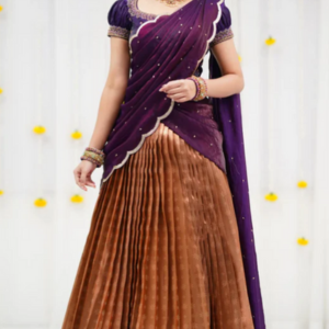 Gold & Dark Purple Blended Silk Designer Halfsaree