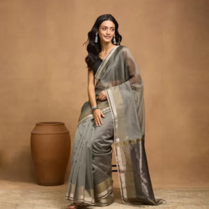 Grey Cotton Silk Blend Maheshwari Sari