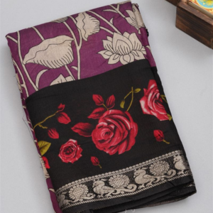 Purple & Black Kalamkari Print Silk Saree with Fancy Border