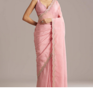 Peach Crush Tissue Saree With Scallop Border Embroidery