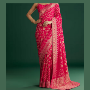 Rani Pink Woven Saree With Jaal Work And Floral Border