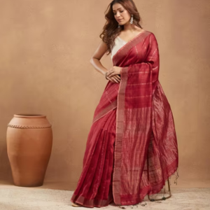 Red Silk Blend Hand Woven Sari