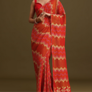 Red Khaddi Georgette Saree With Gotta Patti Border & Unstitched Blouse