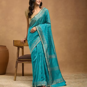Teal Cotton Silk Blend Hand Block Printed Sari