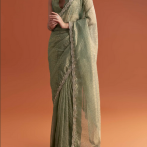 Olive Green Jacquard Saree With Stone And Sequin Embroidery