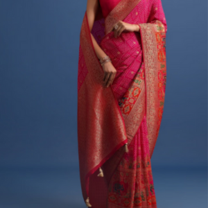 Rani Pink Banarasi Bandhani Satin Saree