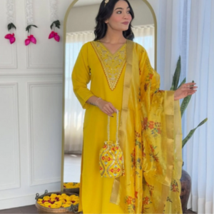 Royal 3 pc Kurti Set Yellow Color Printed Naylon Cut Work Dupatta